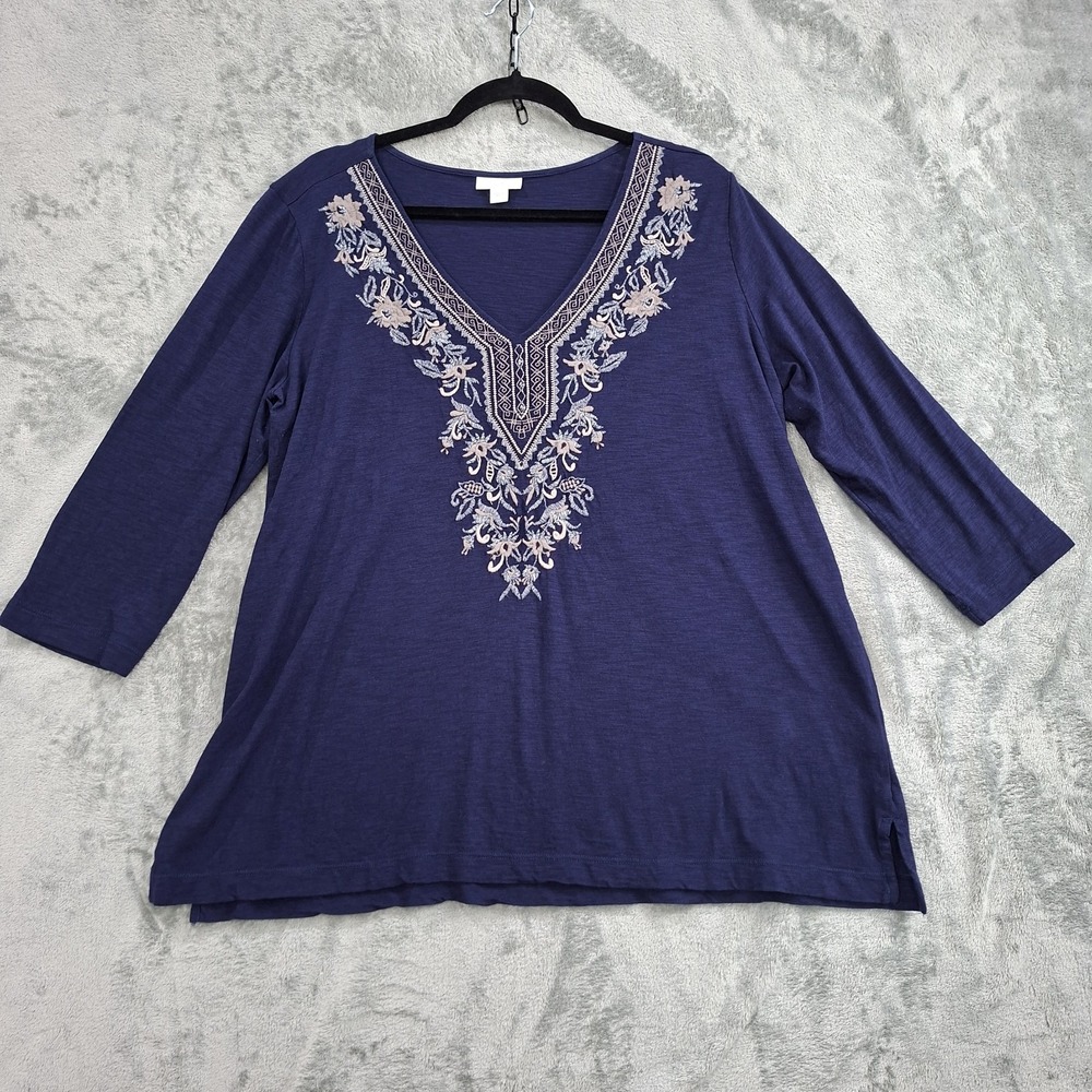 Mint J.Jill Sz L Gorgeous Boho Embroidered Art-to-Wear‎ Navy Blouse Shirt Top